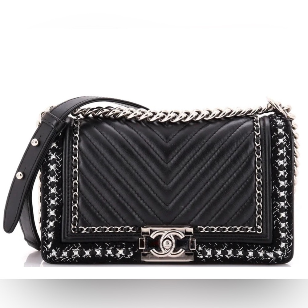 Chanel Jacket Boy Flap Bag Chevron Calfskin with Tweed Old Medium
